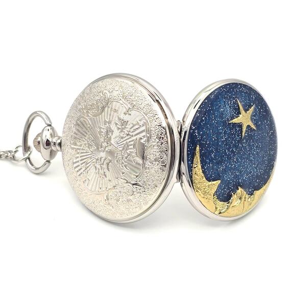 Moon & Star Pocket Watch - Silver Starry Night Gift for Dreamers & Stargazers - Picture 4 of 10